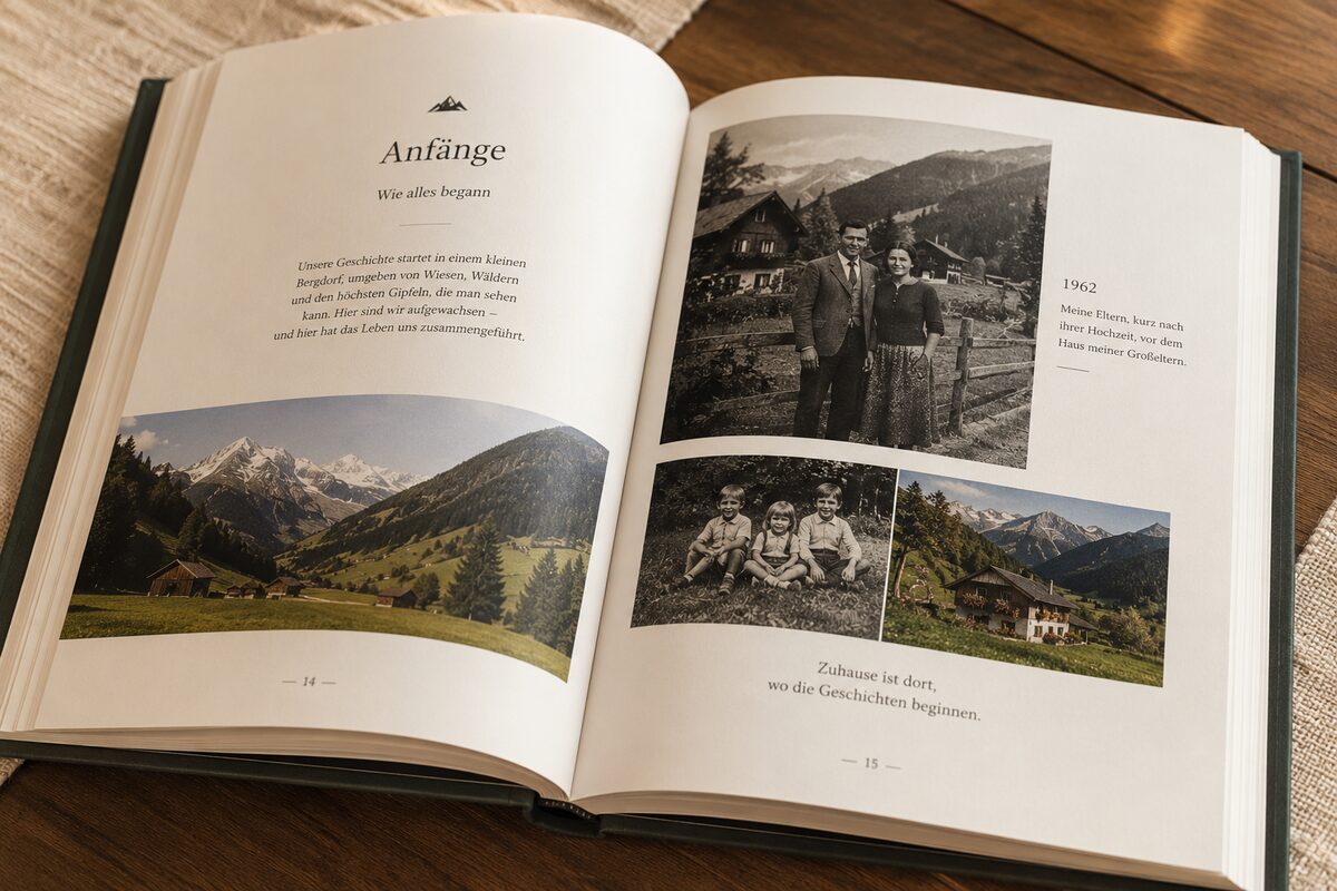 Open book pages with family stories