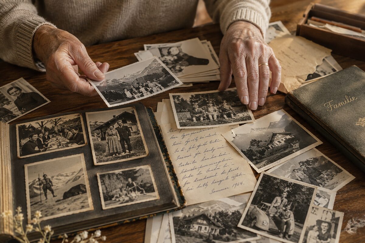 Hands arranging old family photographs